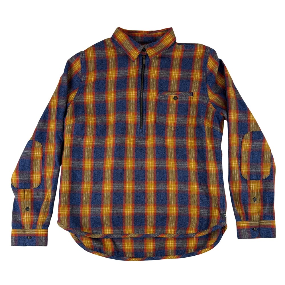 Toad&Co Flannel Shirt Women Large Blue Orange Plaid Quarter Zip Elbow Patches